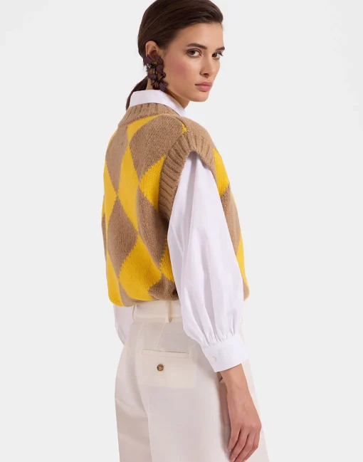 Argyle GiletCamel/Yellow in Wool