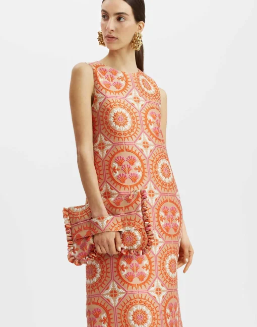 Column DressSun Orange in Jacquard With Feathers