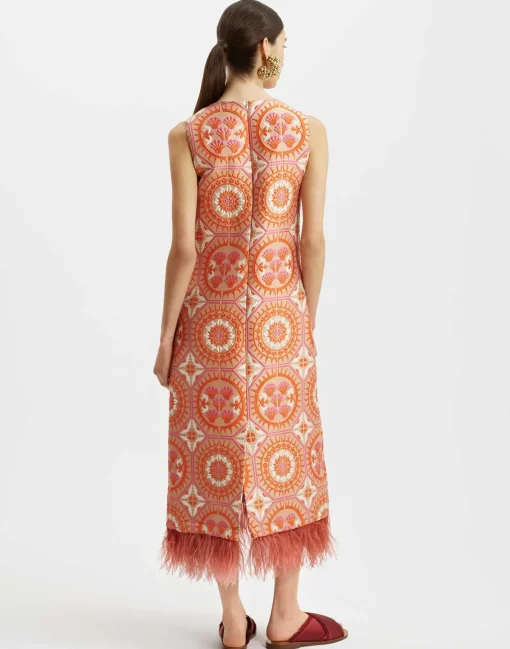 Column DressSun Orange in Jacquard With Feathers