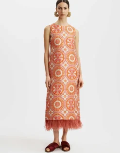Column DressSun Orange in Jacquard With Feathers