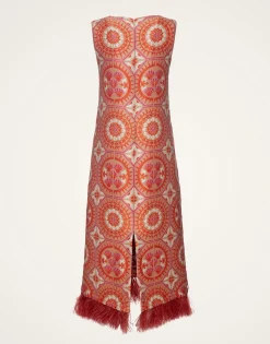 Column DressSun Orange in Jacquard With Feathers