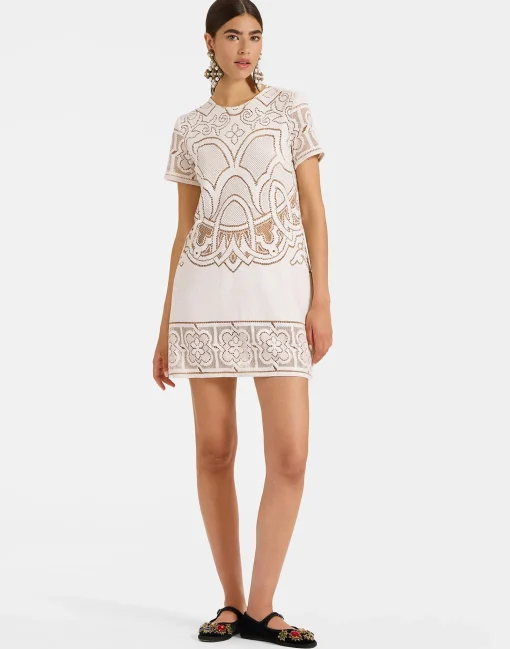 Lacey Mini Swing DressSolid White Smoke in Embroidered Cotton