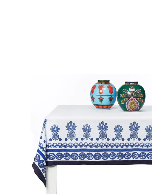 Large TableclothBig Pineapple Blu (Placée) in Linen