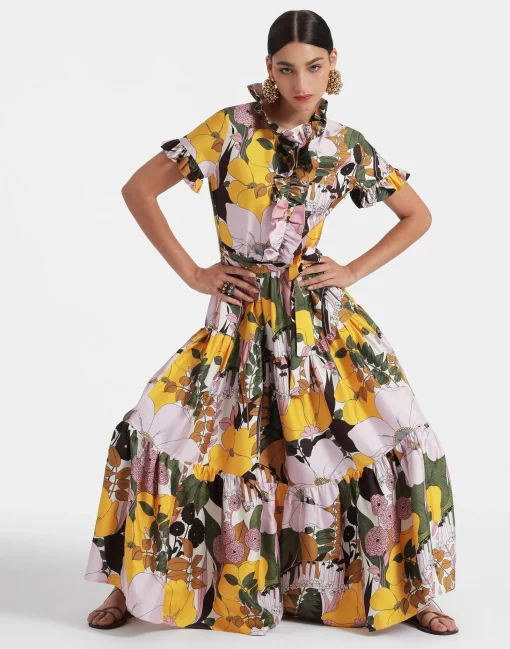 Long And Sassy DressBig Flower Rose in Silk Twill