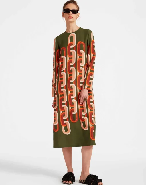 Long Sleeve Midi Swing DressPrometheus Placée Camouflage in Sablé