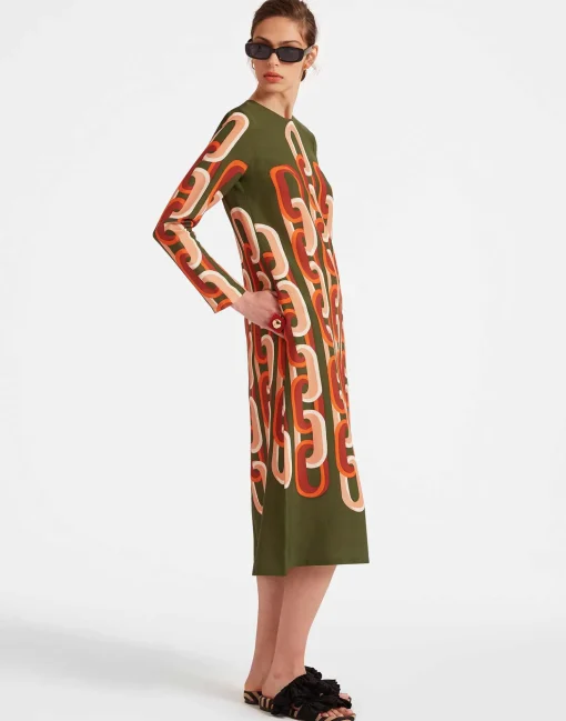Long Sleeve Midi Swing DressPrometheus Placée Camouflage in Sablé